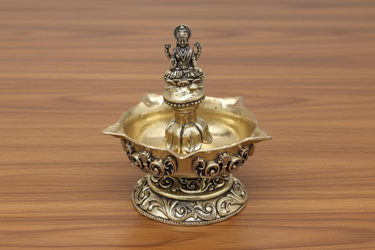 Brass Fully Carved Panchmukhi Lakshmi Diya pair set  – Traditional Home Temple & Gift Item