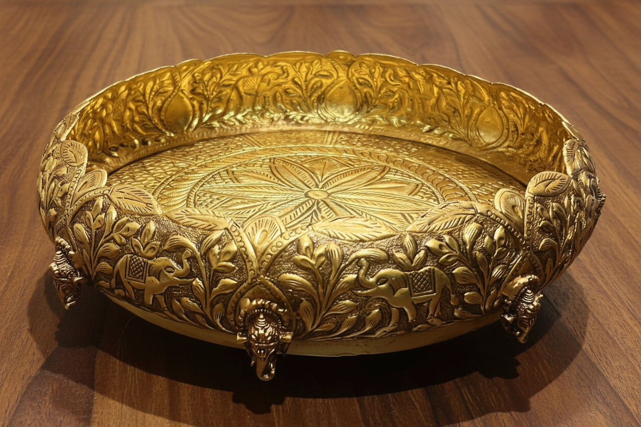 Brass Ganesh Urli with Peacock Legs – Artistic Home Décor & Gift Item