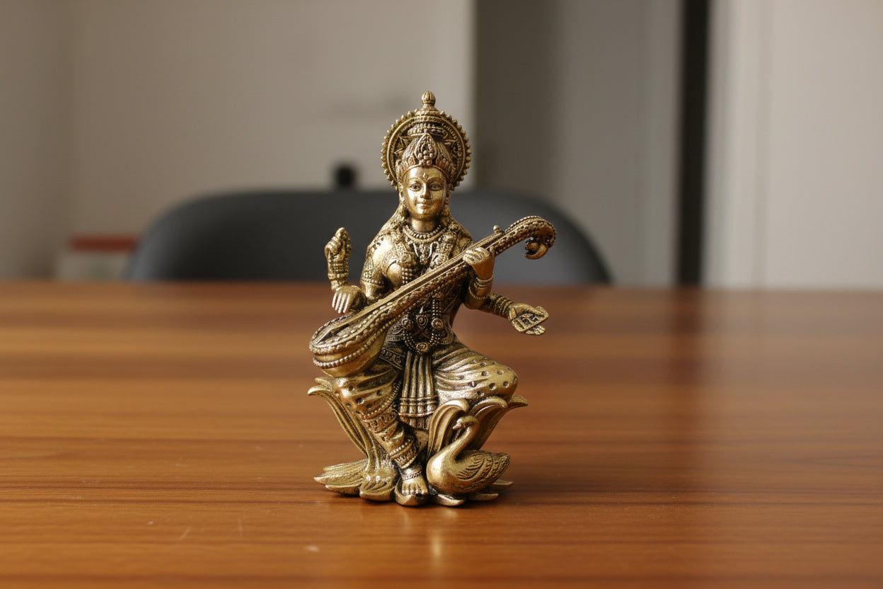 Brass Saraswathi Idol – Divine Goddess of Knowledge & Wisdom for Home Temple & Gift Item