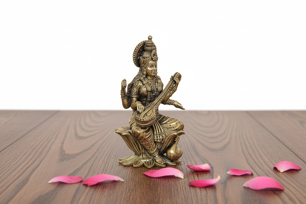 Brass Saraswathi Idol – Divine Goddess of Knowledge & Wisdom for Home Temple & Gift Item