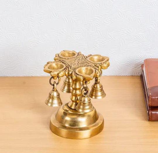 Brass Handmade 4 Oil Wick Brass Diya with Bells , 1 piece