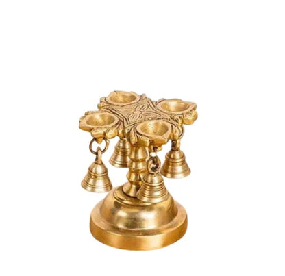 Brass Handmade 4 Oil Wick Brass Diya with Bells , 1 piece