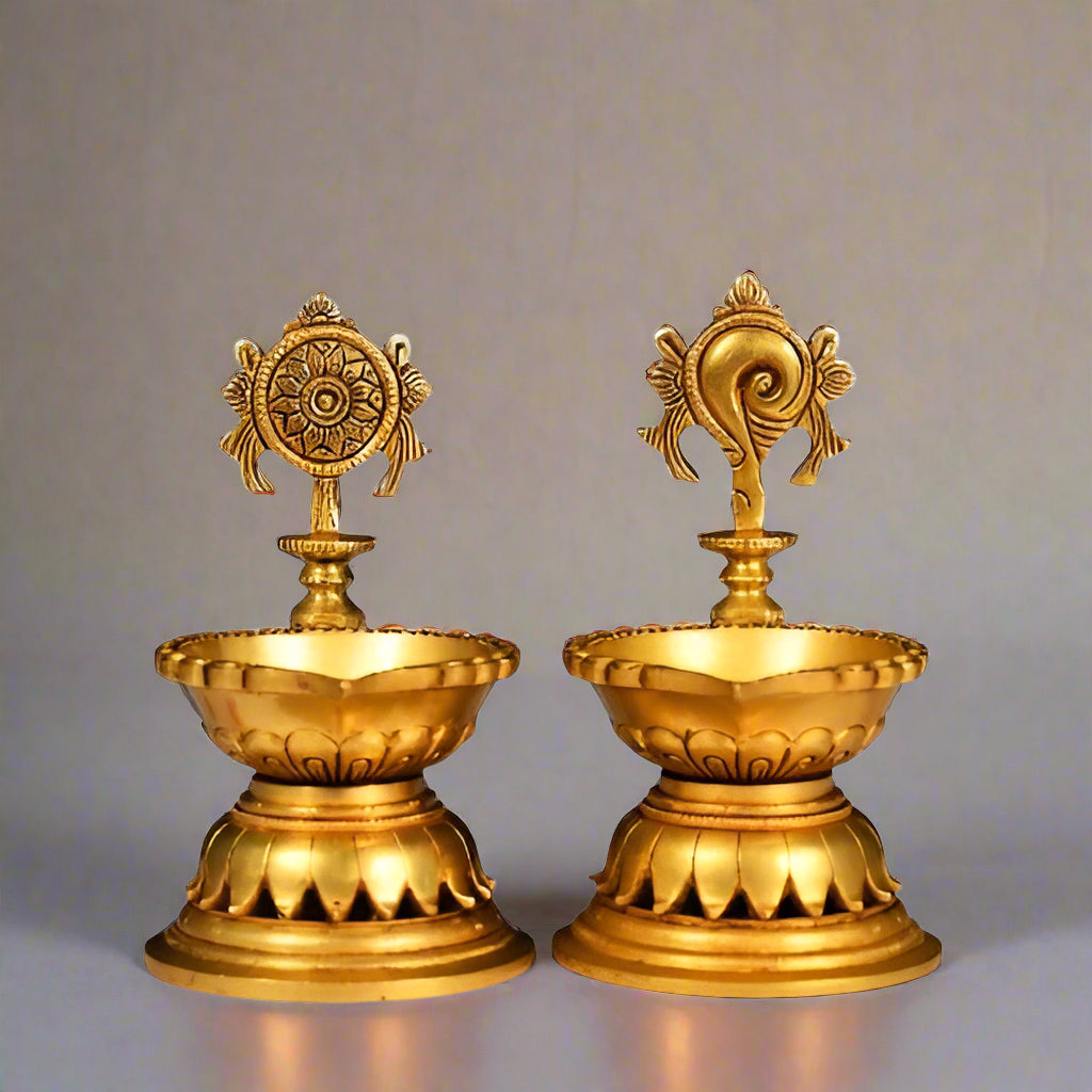 Set of 2 Brass Sankha Chakra Diya Set Height 7 inch for Diwali/Home décor