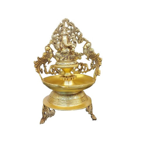 brass Ganesh urli bowl with 2 side peacock décor