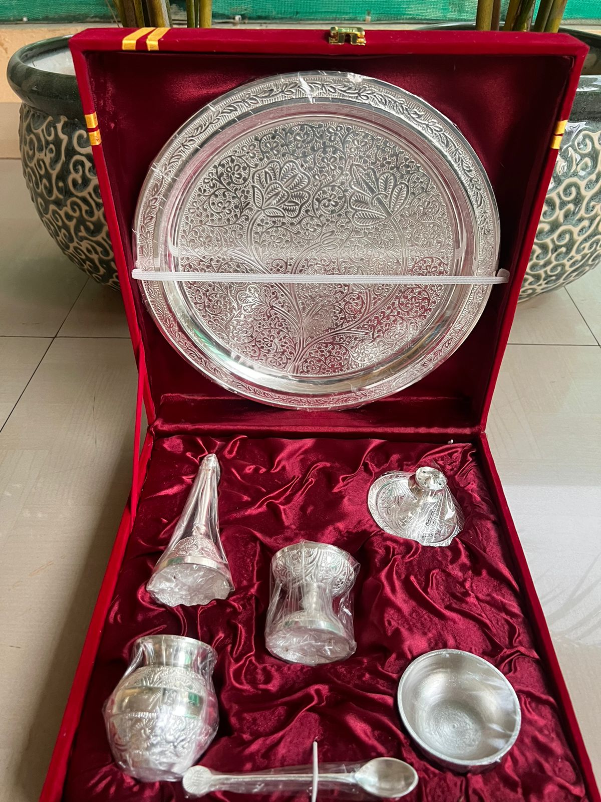 german silver pooja thali set with toppers in velvet gift box