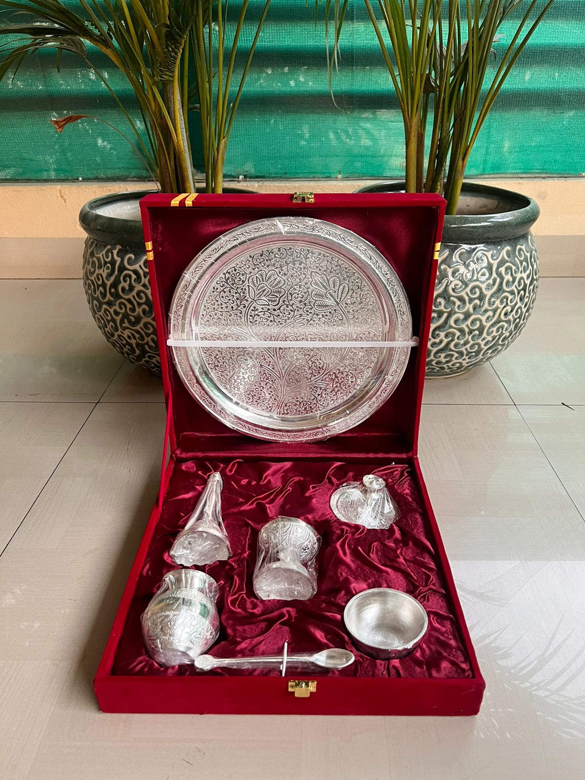 german silver pooja thali set with toppers in velvet gift box