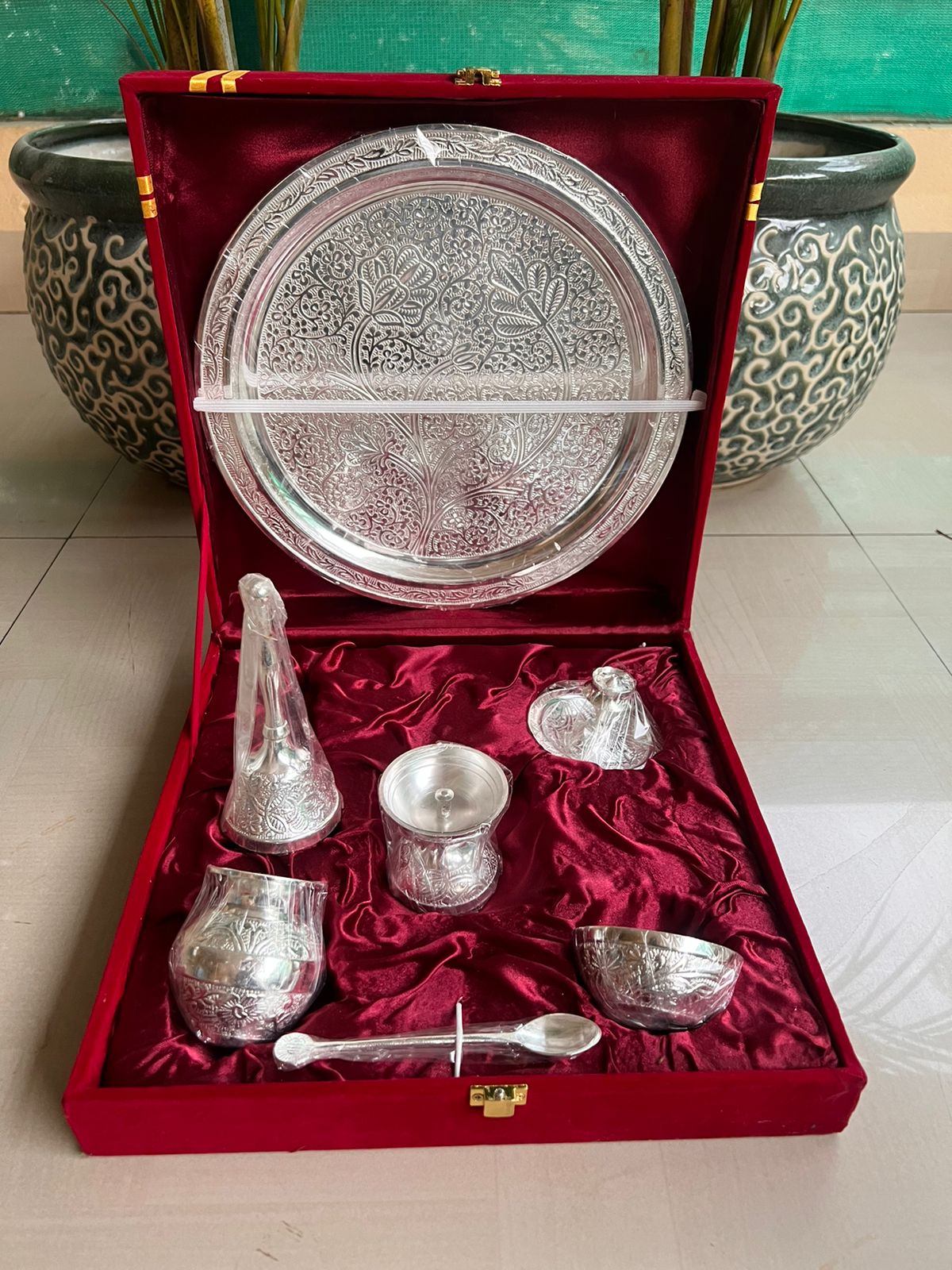 german silver pooja thali set with toppers in velvet gift box