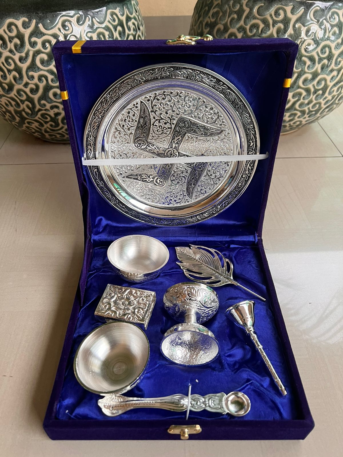 german silver pooja thali set in velvet box for housewarming/pooja/festival
