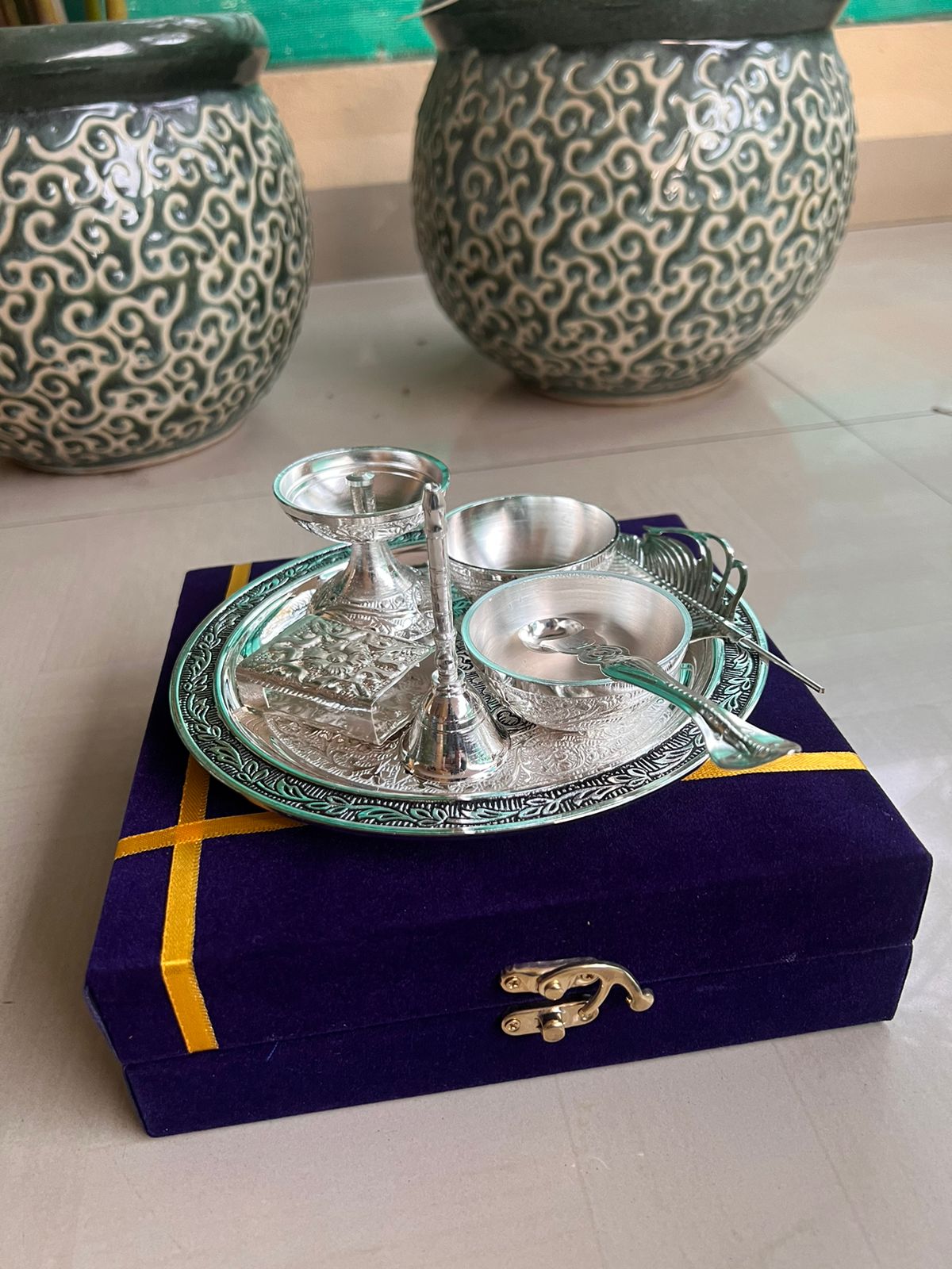 german silver pooja thali set in velvet box for housewarming/pooja/festival