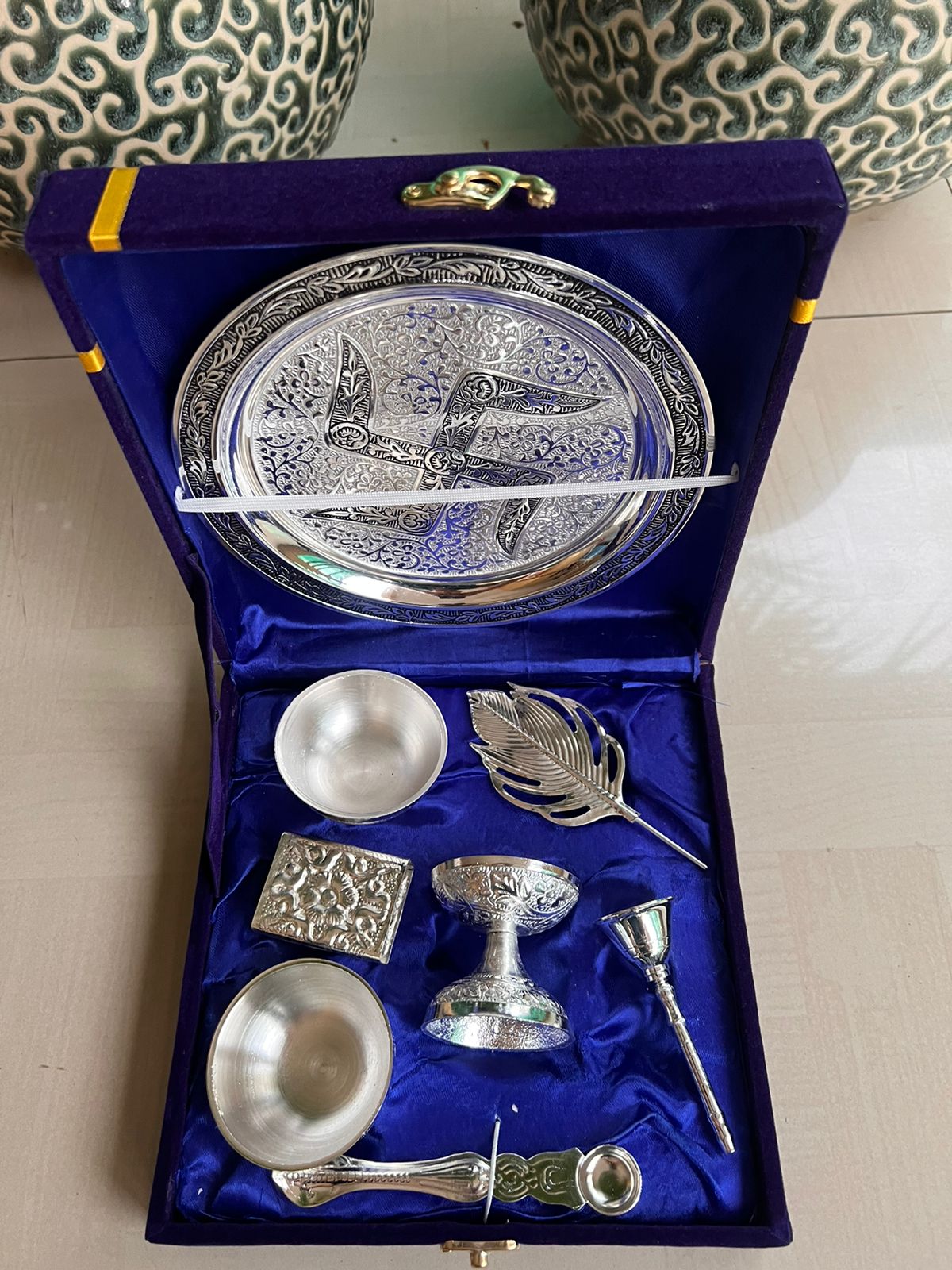 german silver pooja thali set in velvet box for housewarming/pooja/festival