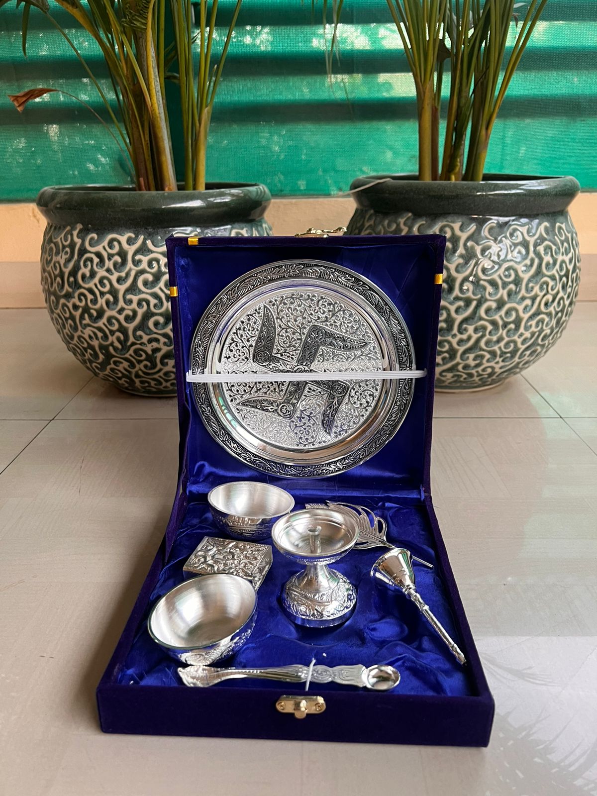 german silver pooja thali set in velvet box for housewarming/pooja/festival