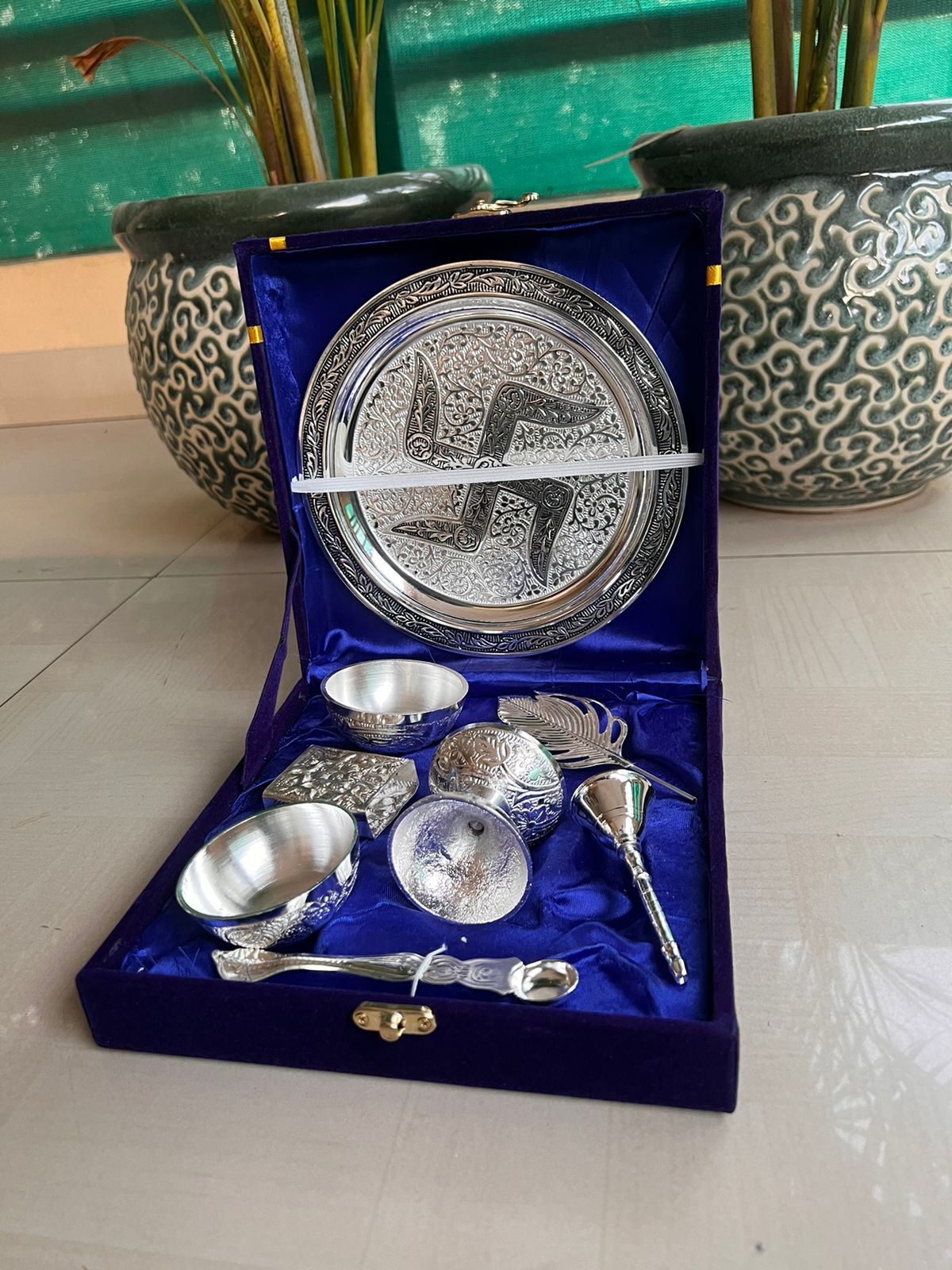 german silver pooja thali set in velvet box for housewarming/pooja/festival