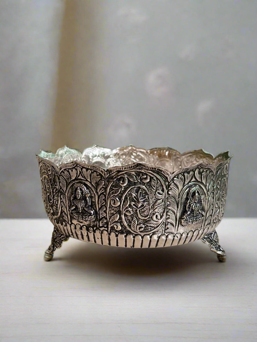 German silver Antique Laxmi urli bowl with lakshmi design