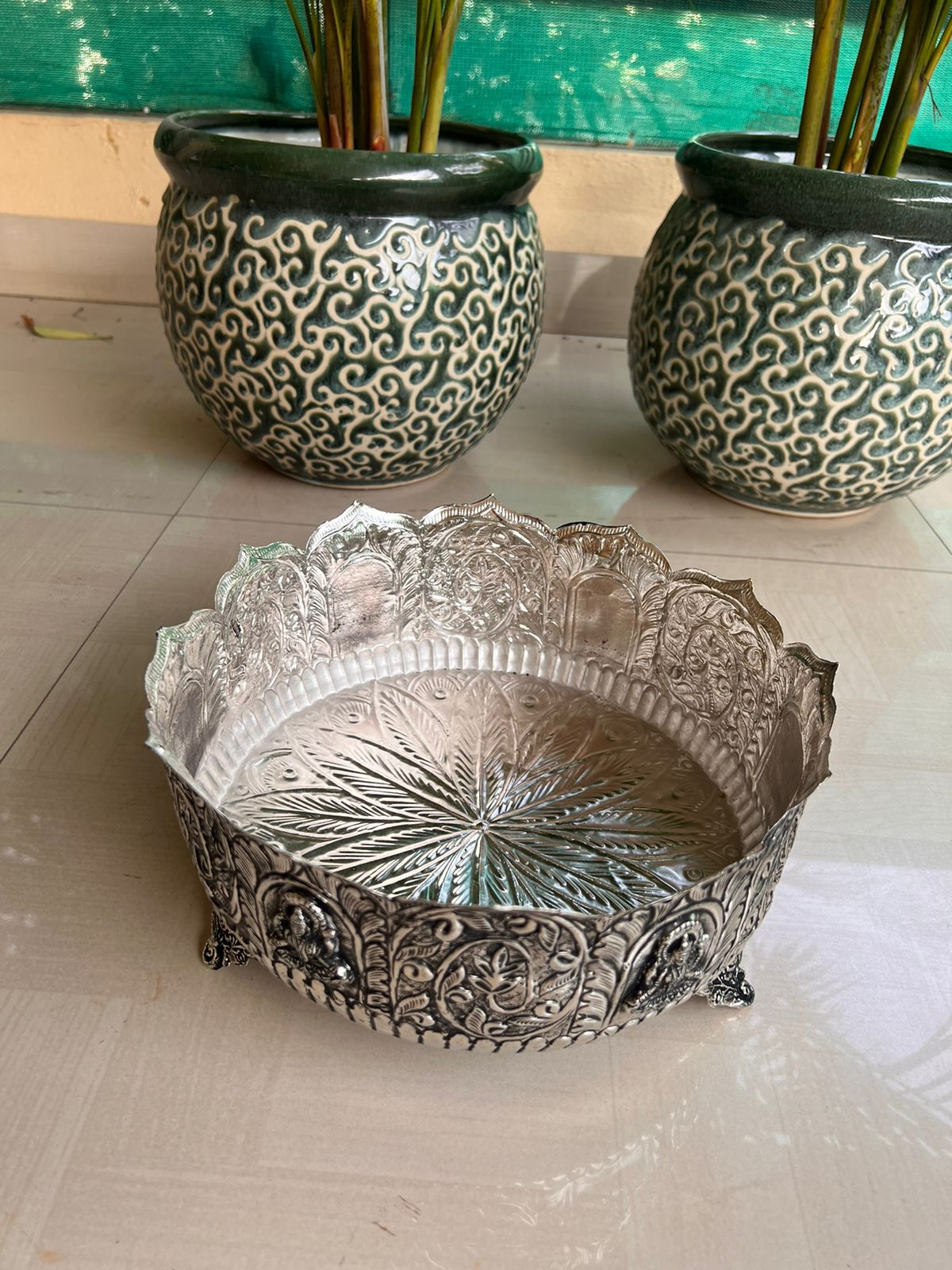 German silver Antique Laxmi urli bowl with lakshmi design