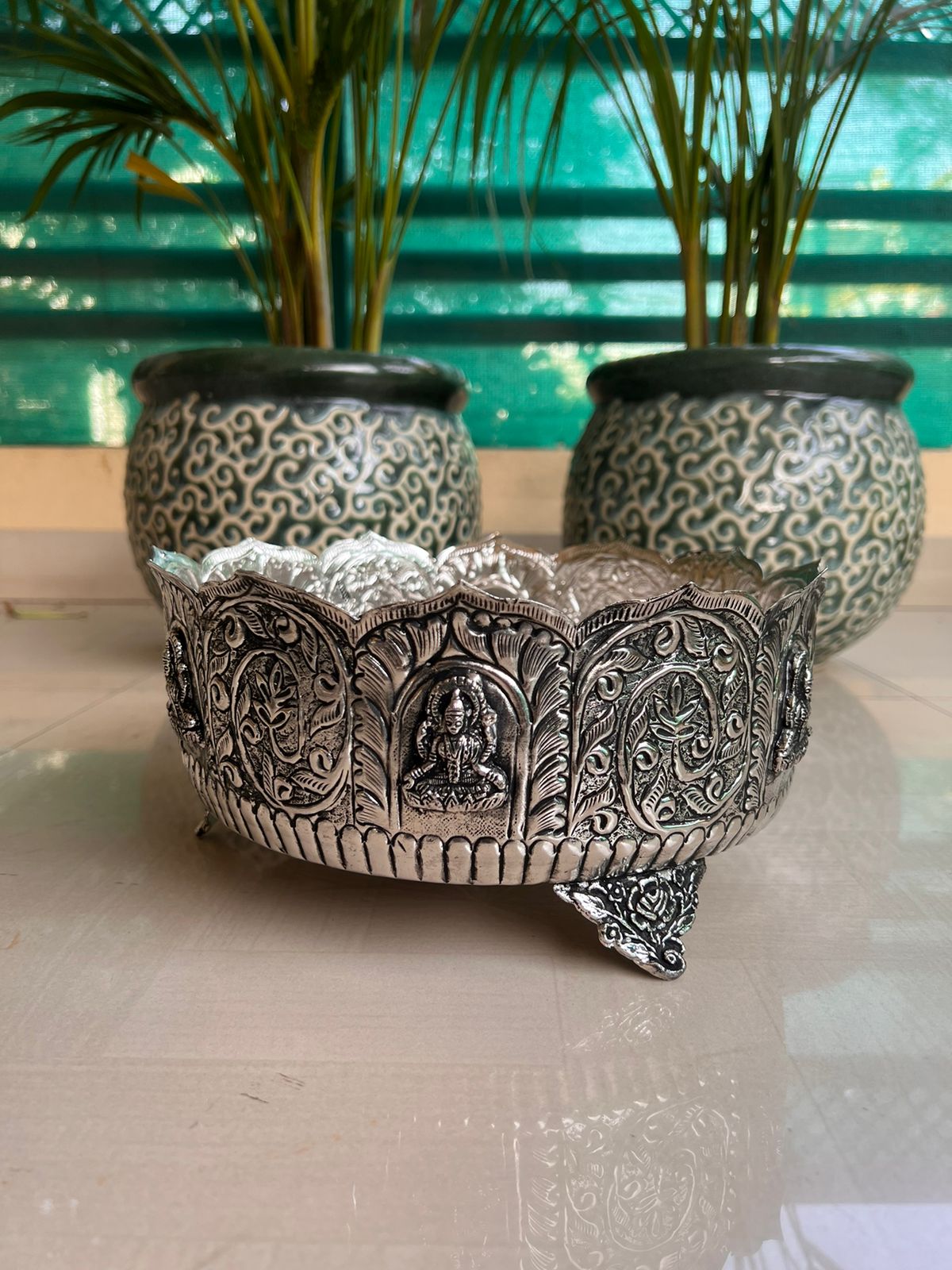 German silver Antique Laxmi urli bowl with lakshmi design
