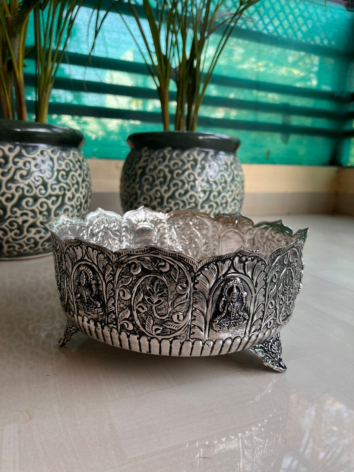 German silver Antique Laxmi urli bowl with lakshmi design