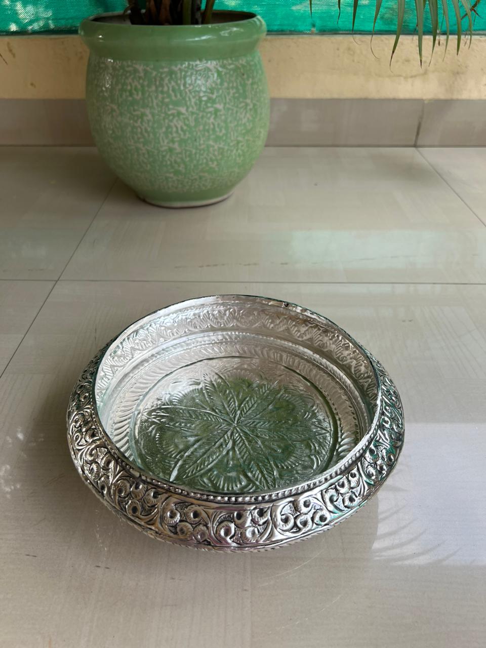 German silver Round urli with stands fully carved