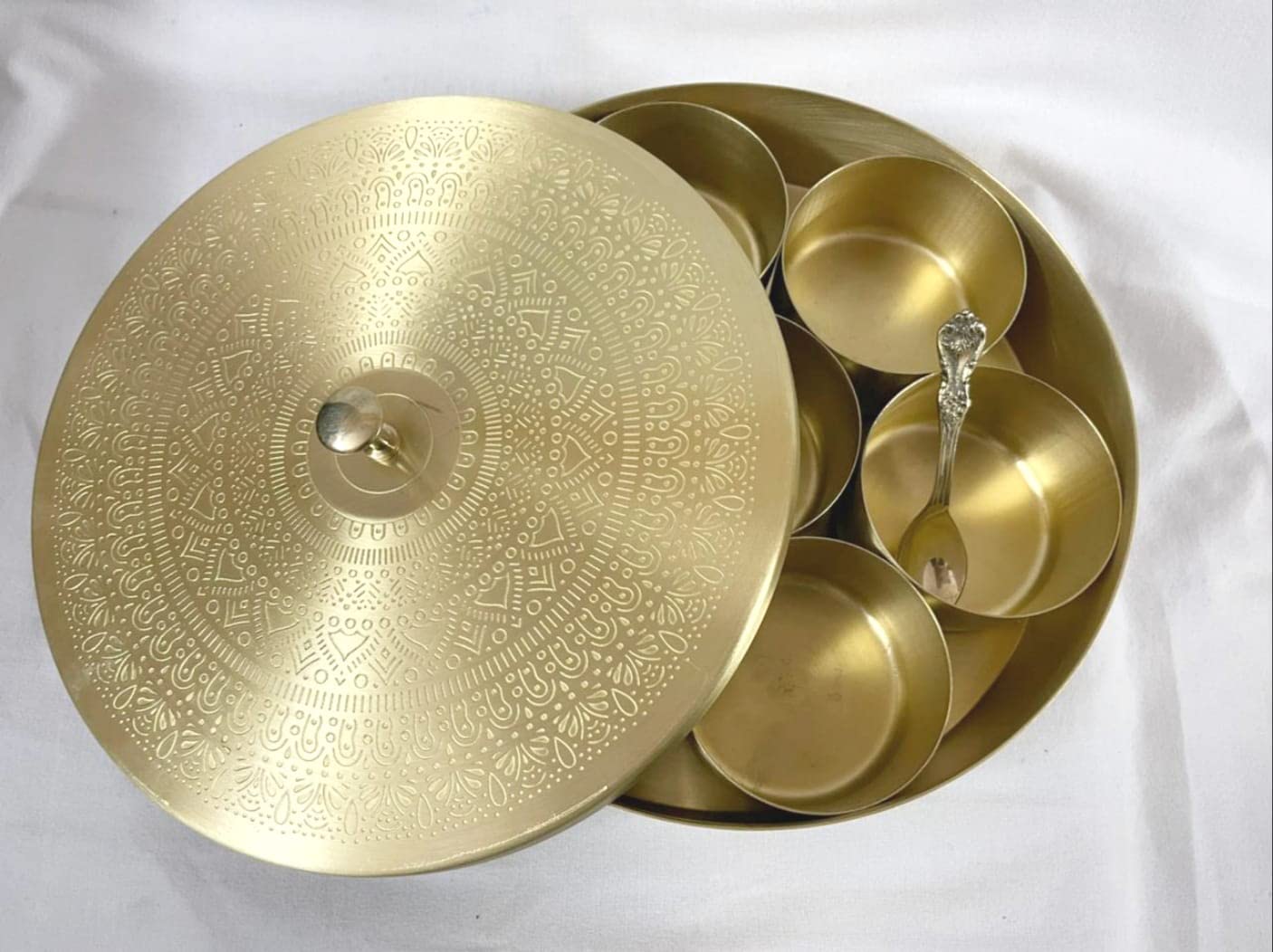 brass 8" spice box with 7 bowls and a spoon for home kitchen/gift item