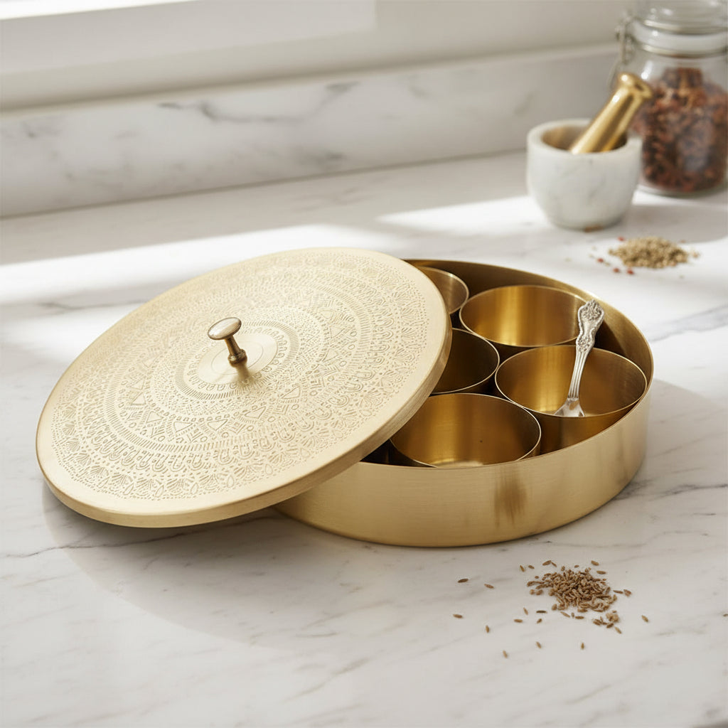 brass 8" spice box with 7 bowls and a spoon for home kitchen/gift item