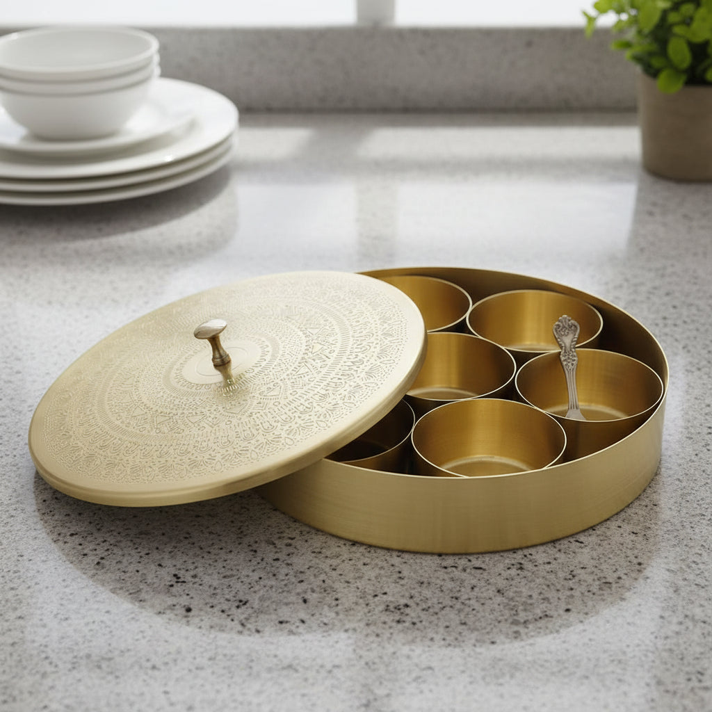 brass 8" spice box with 7 bowls and a spoon for home kitchen/gift item
