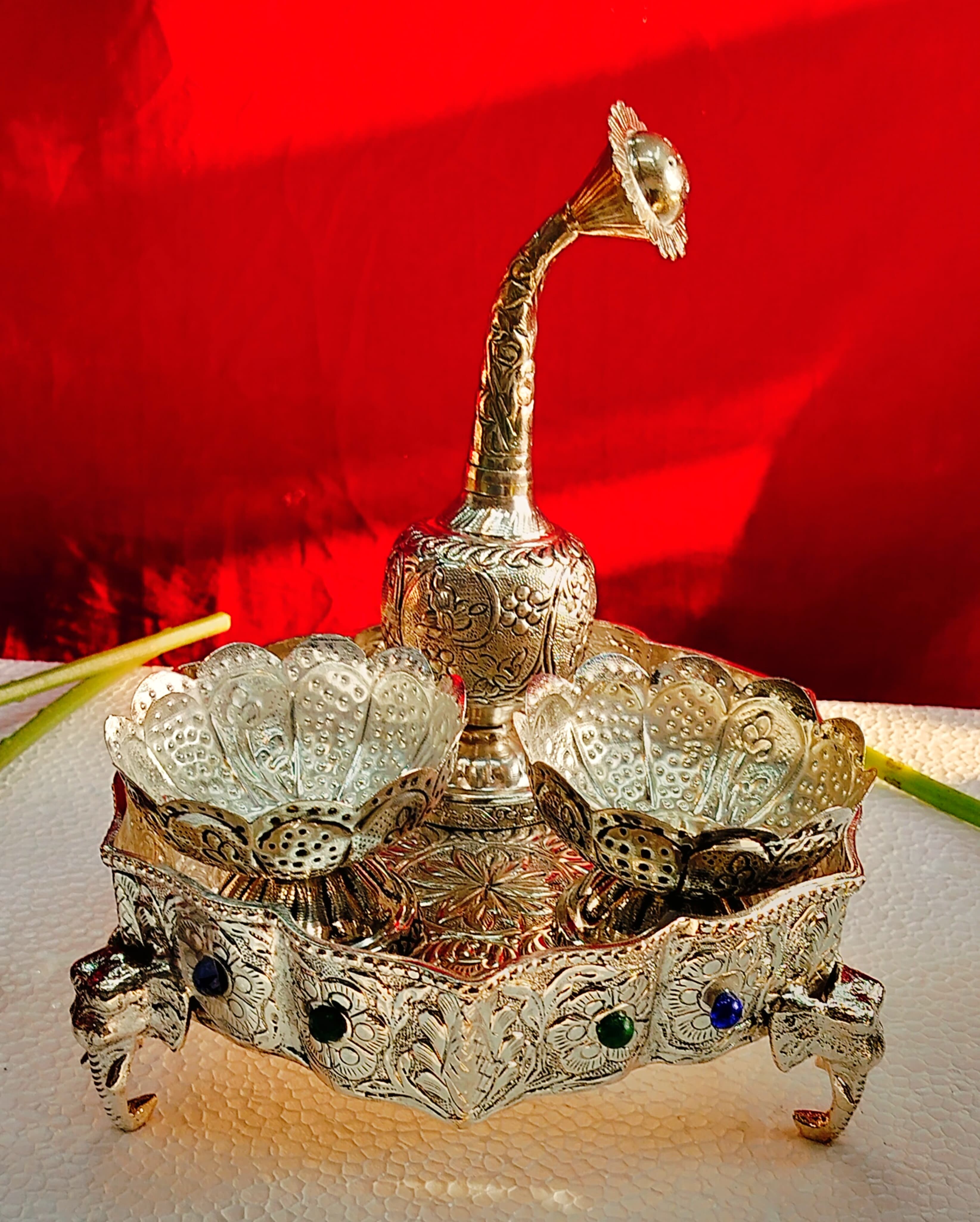 German Silver Antique Finish Tray/Stool with Elephant Legs Rose Dispenser Bowl