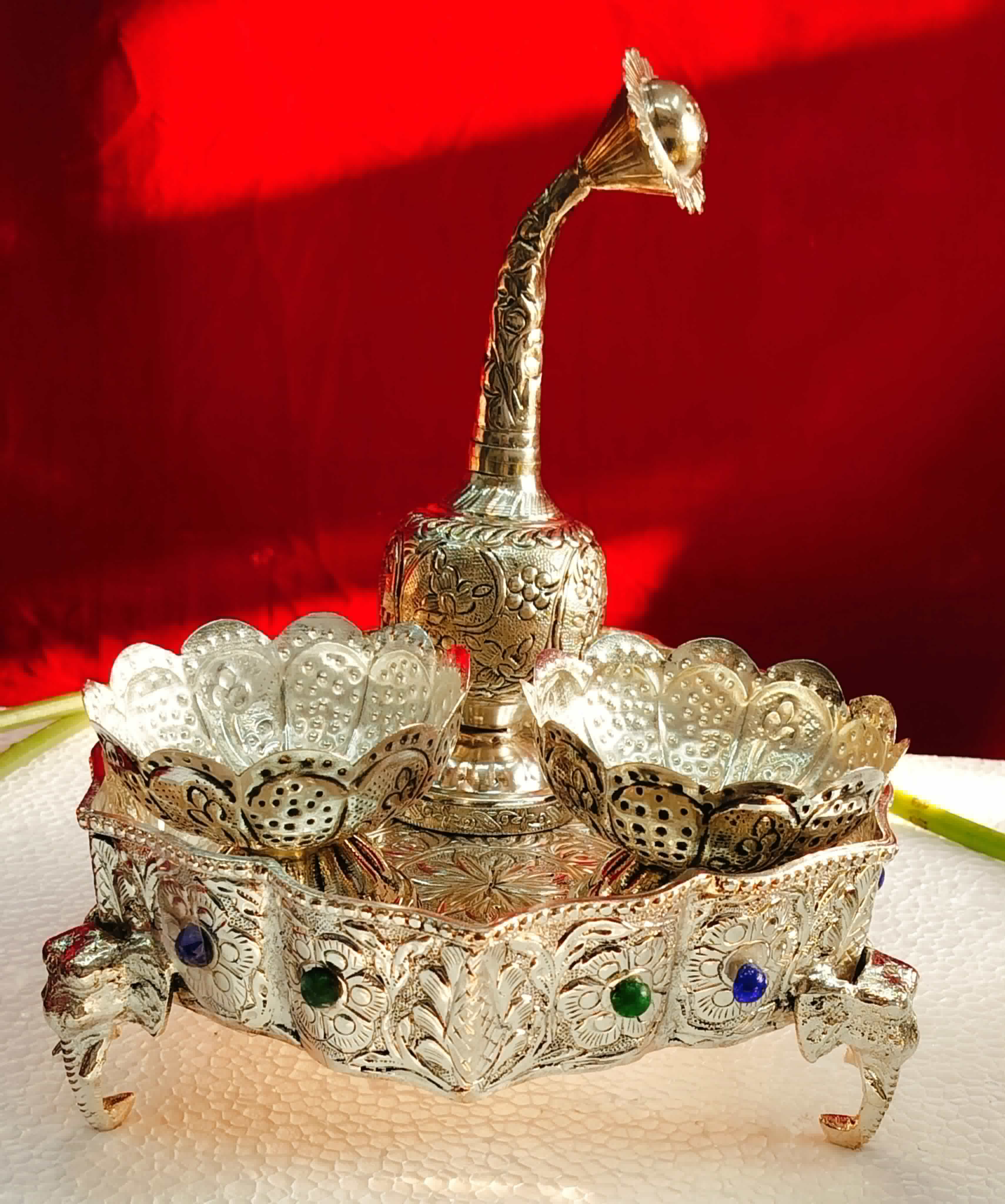 German Silver Antique Finish Tray/Stool with Elephant Legs Rose Dispenser Bowl