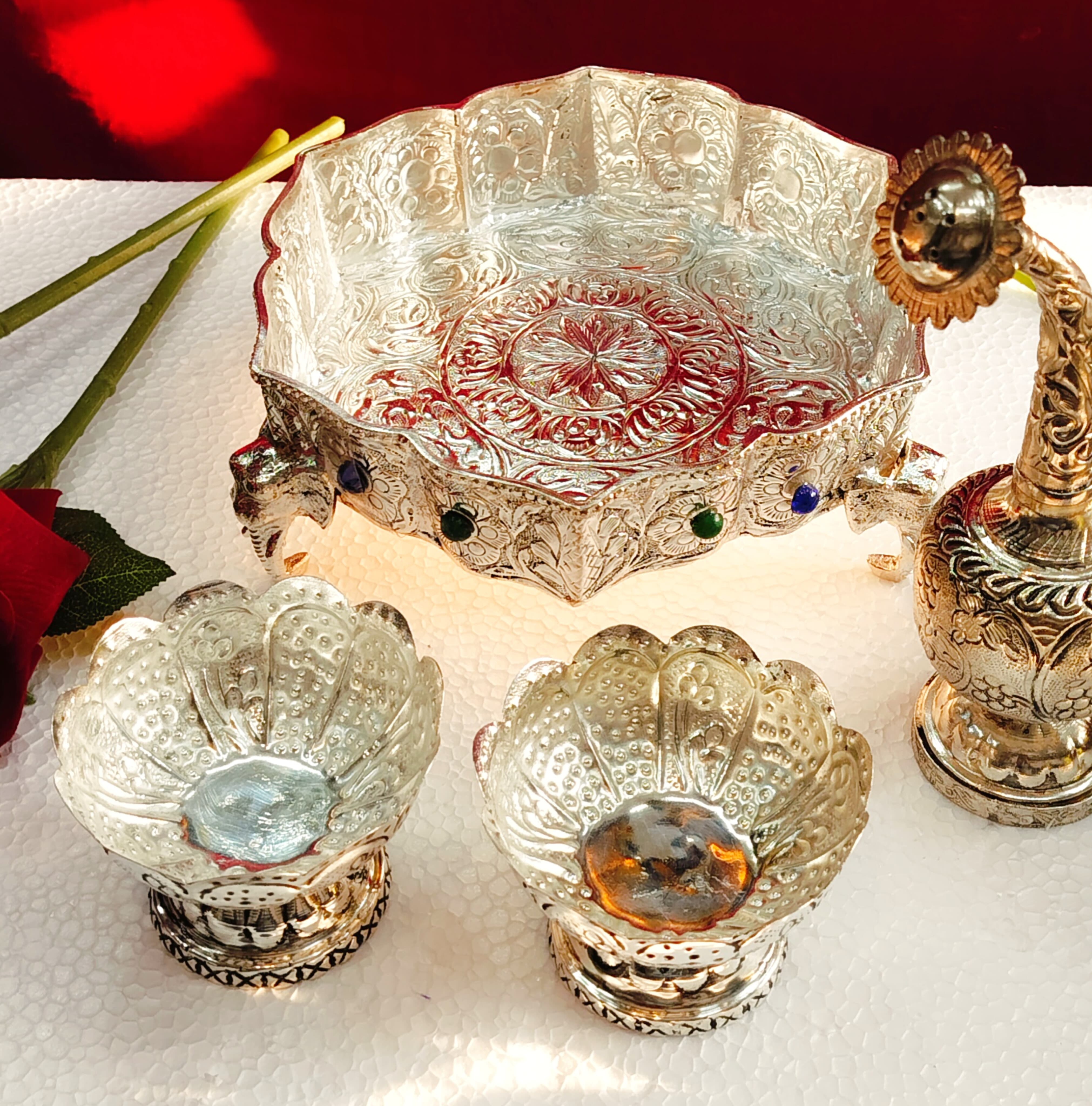 German Silver Antique Finish Tray/Stool with Elephant Legs Rose Dispenser Bowl