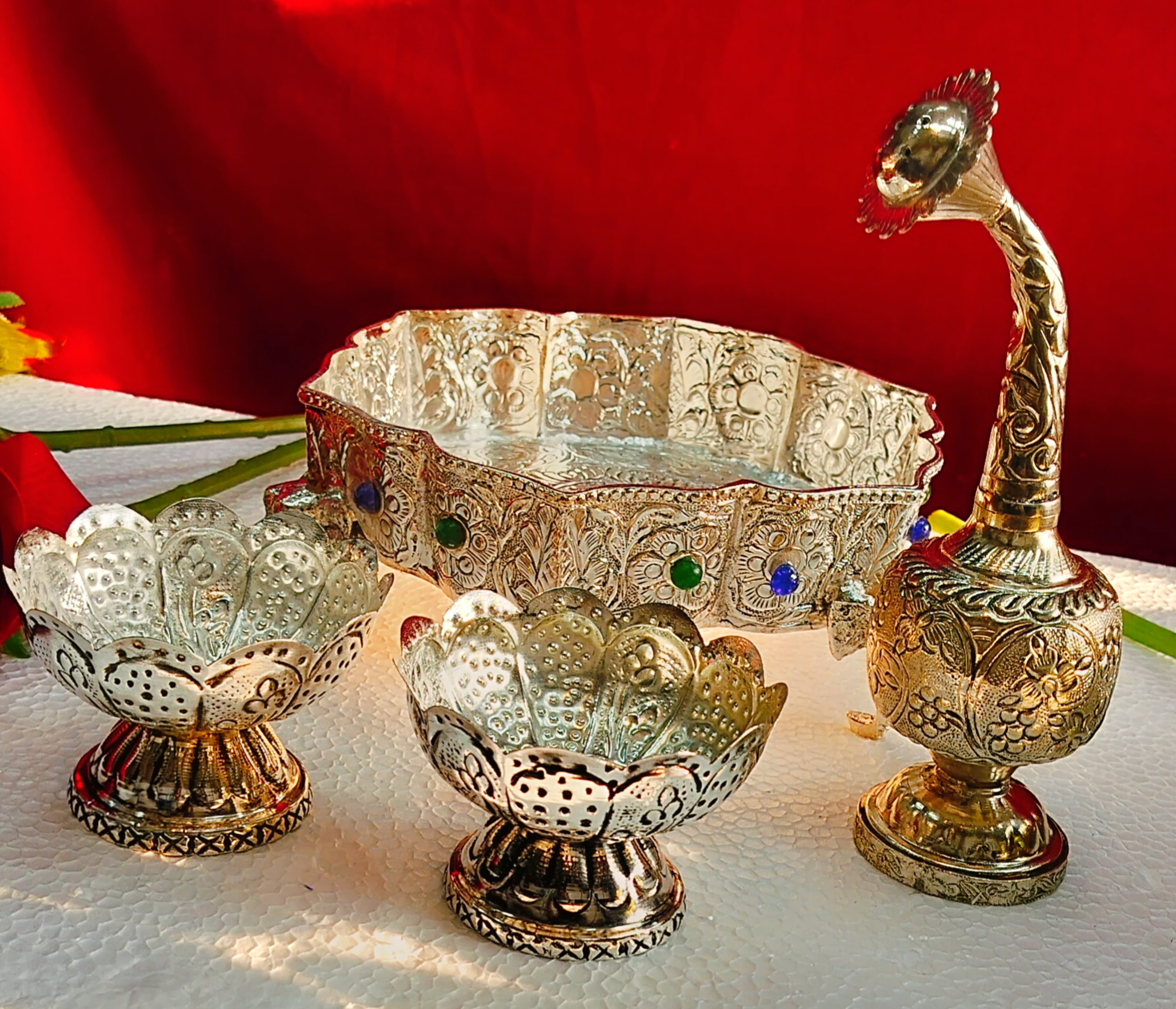 German Silver Antique Finish Tray/Stool with Elephant Legs Rose Dispenser Bowl