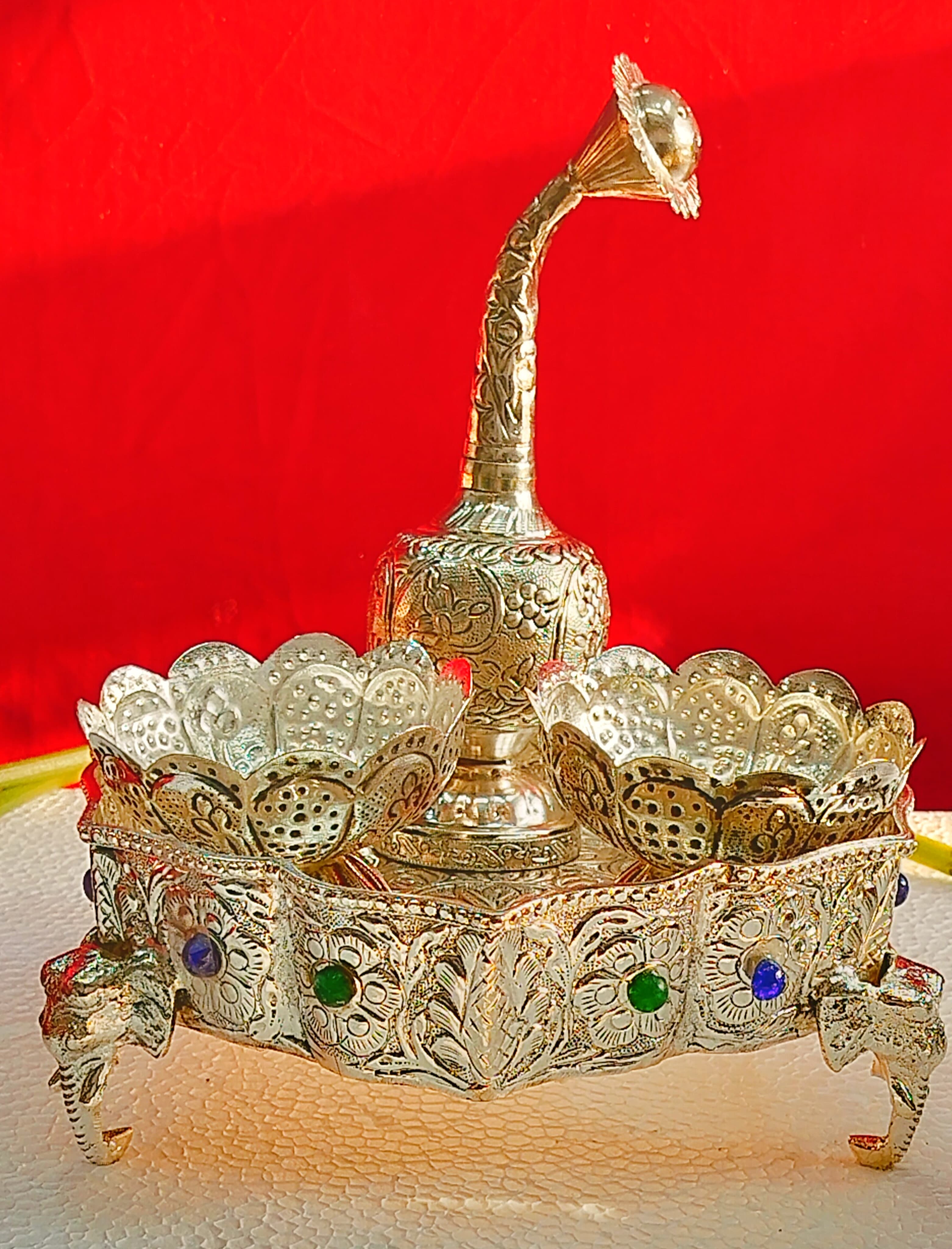 German Silver Antique Finish Tray/Stool with Elephant Legs Rose Dispenser Bowl