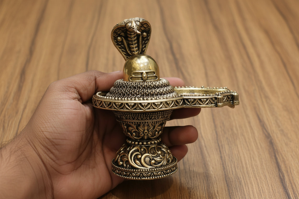 Fully Carved Brass Shivling with Vasuki Snake – Divine Energy & Protection