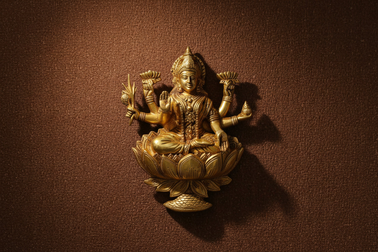 Brass Goddess Lakshmi Wall Hanging – 12 Inch Murti of Maa Lakshmi Sitting on Lotus in Blessing Posture for Home