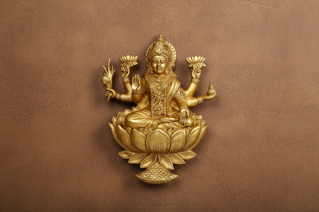Brass Goddess Lakshmi Wall Hanging – 12 Inch Murti of Maa Lakshmi Sitting on Lotus in Blessing Posture for Home