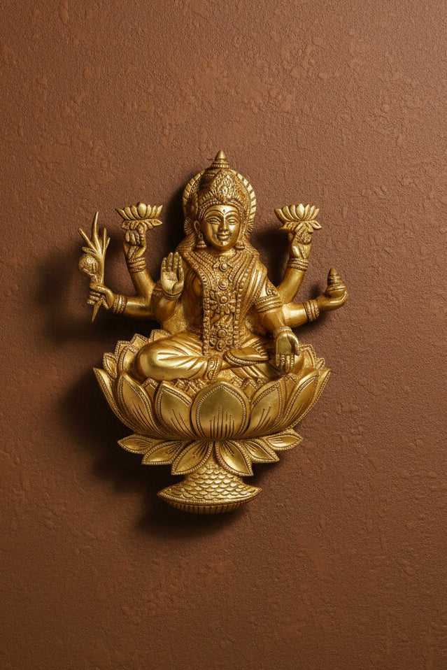 Brass Goddess Lakshmi Wall Hanging – 12 Inch Murti of Maa Lakshmi Sitting on Lotus in Blessing Posture for Home