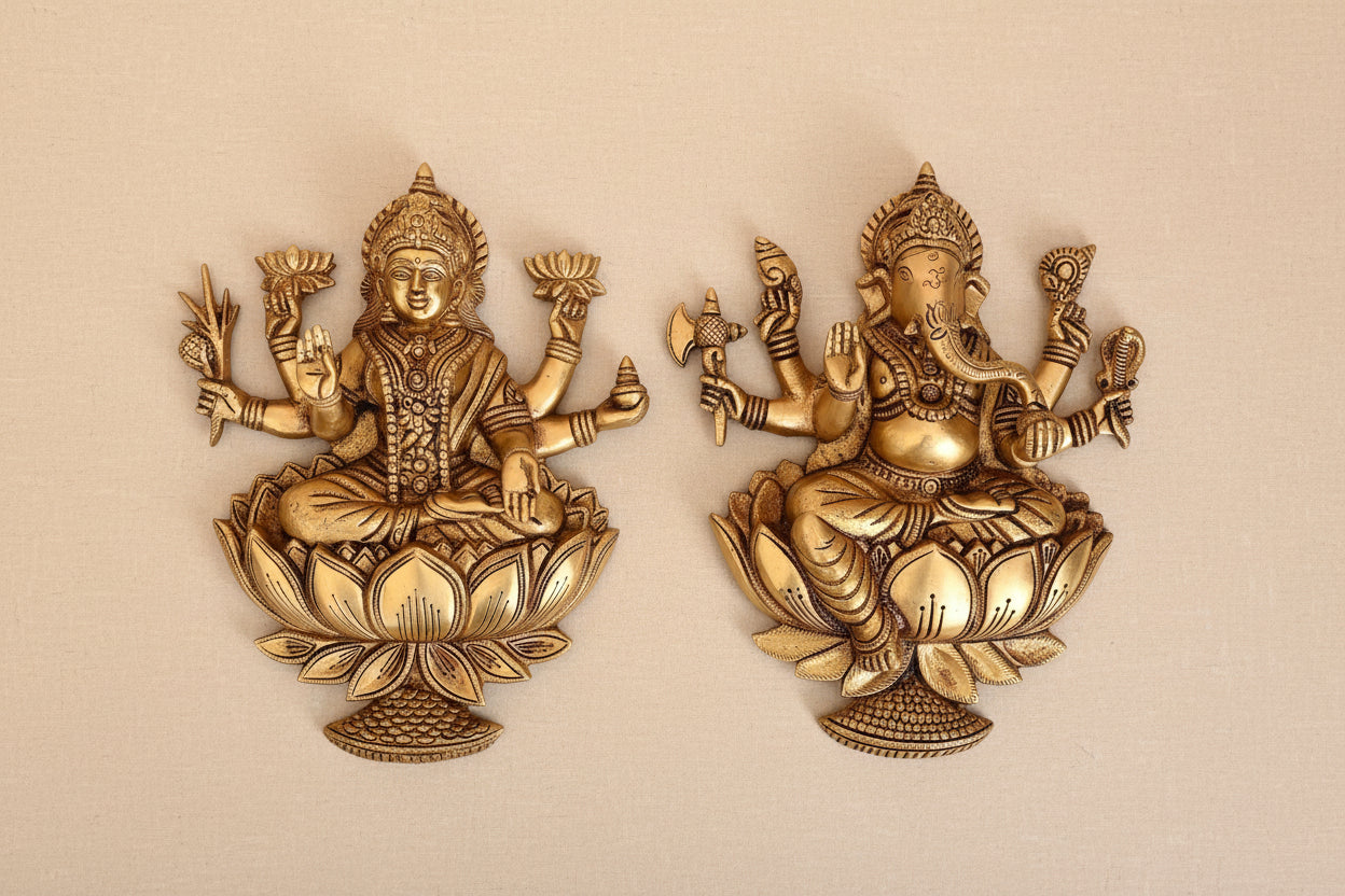 Brass Lakshmi Ganesh Wall Hanging – Divine Décor for Home & Office Temple