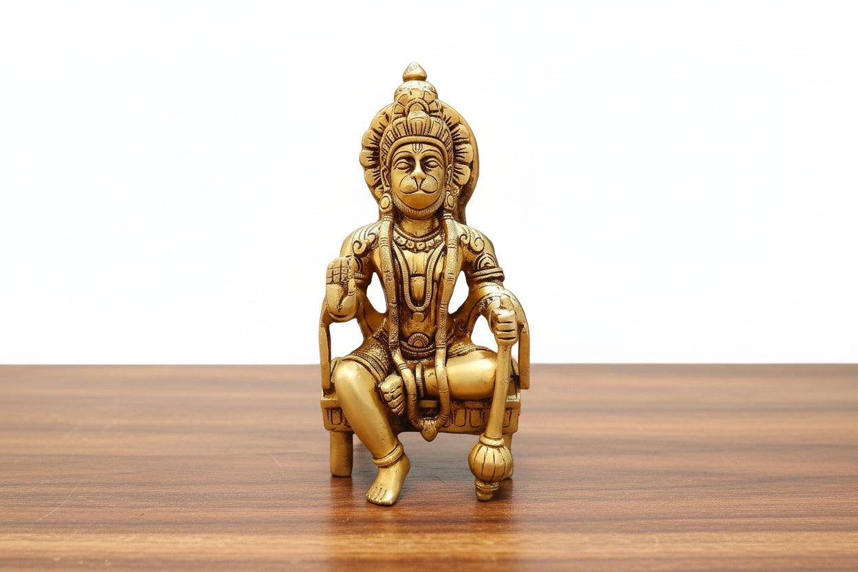 Brass Hanuman Idol on Chowki/ stool – Bajrangbali Murti  for Home, Mandir & Festival Décor
