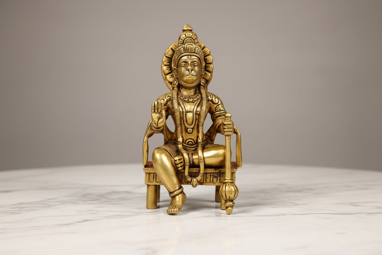 Brass Hanuman Idol on Chowki/ stool – Bajrangbali Murti  for Home, Mandir & Festival Décor
