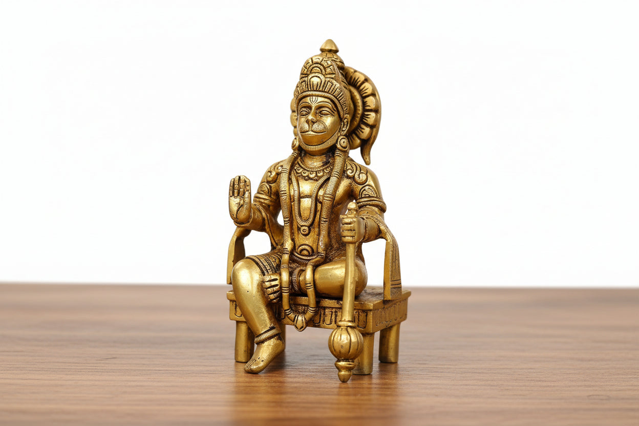 Brass Hanuman Idol on Chowki/ stool – Bajrangbali Murti  for Home, Mandir & Festival Décor