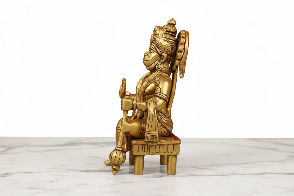 Brass Hanuman Idol on Chowki/ stool – Bajrangbali Murti  for Home, Mandir & Festival Décor