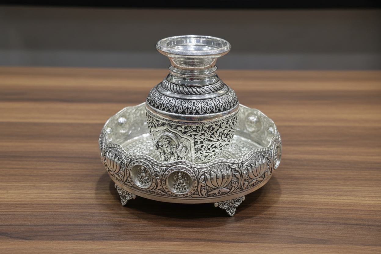 German Silver Antique Finish Ashta Lakshmi Urli with Lakshmi Kalash – Divine Prosperity Décor