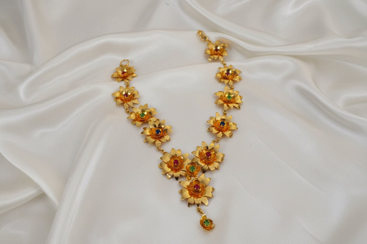 German Silver Golden Flower Mala for Idol – Divine Adornment for Puja & Décor