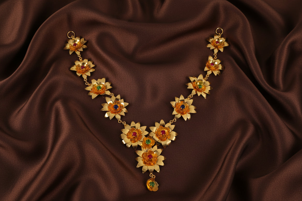 German Silver Golden Flower Mala for Idol – Divine Adornment for Puja & Décor