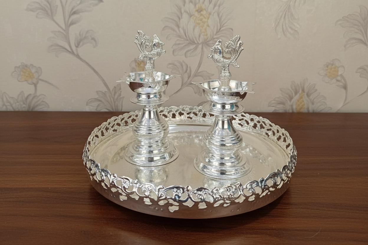 German Silver Diya with round Tray – Elegant Puja & Home Décor Set