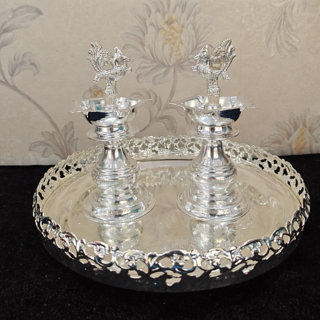 German Silver Diya with round Tray – Elegant Puja & Home Décor Set