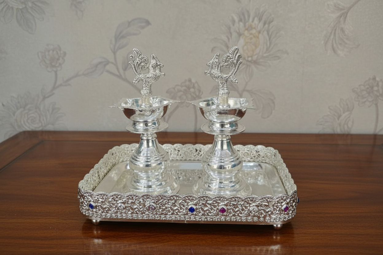 German Silver Diya with rectangle Tray – Elegant Puja & Home Décor Set