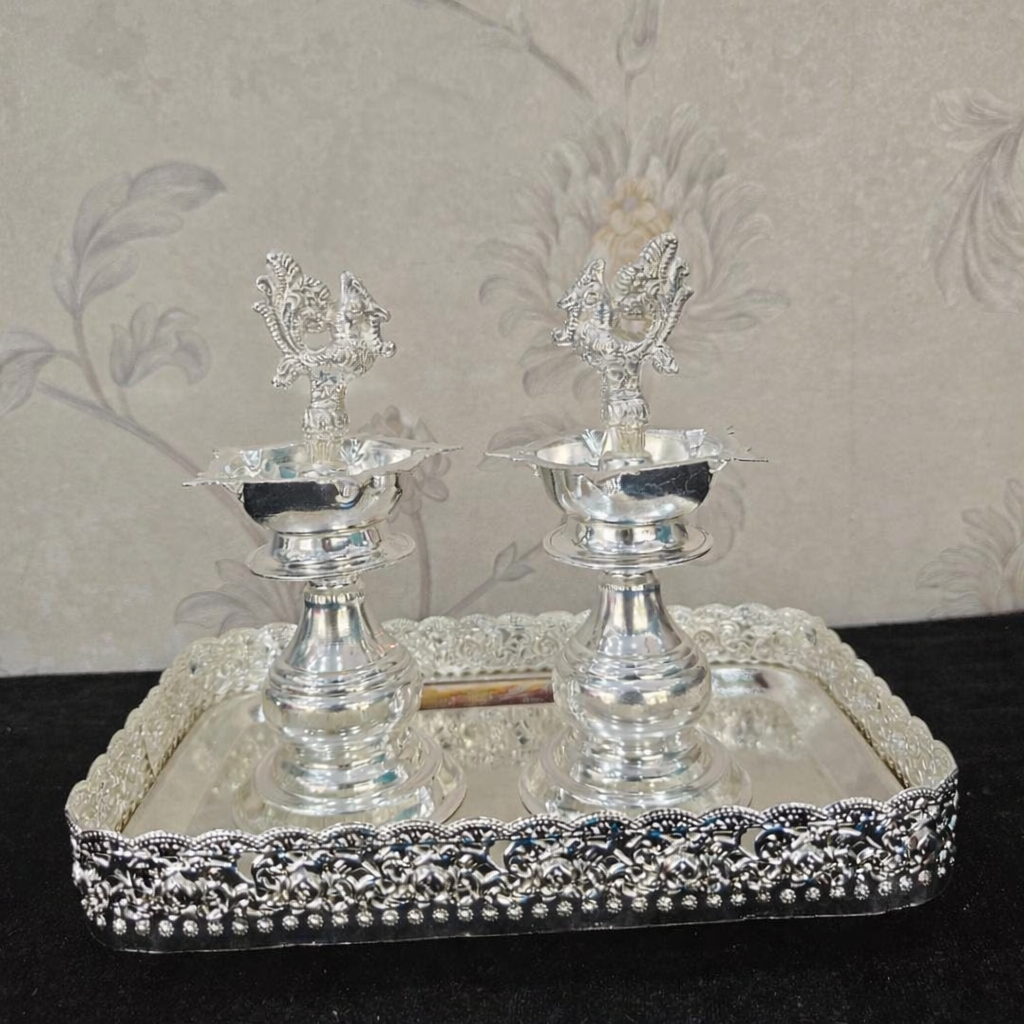 German Silver Diya with rectangle Tray – Elegant Puja & Home Décor Set