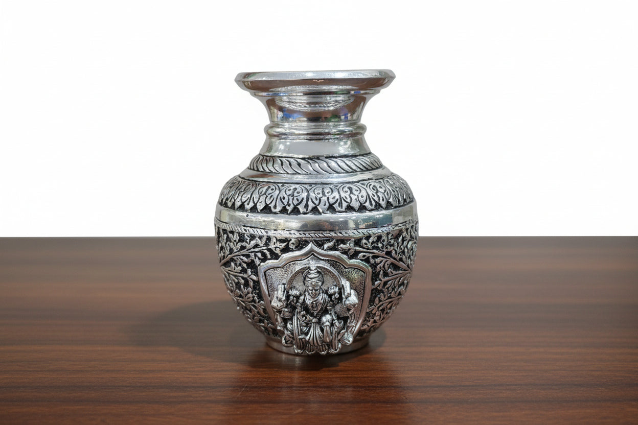 German Silver Antique Finish Lakshmi Kalash – Auspicious Puja & Home Décor Vessel