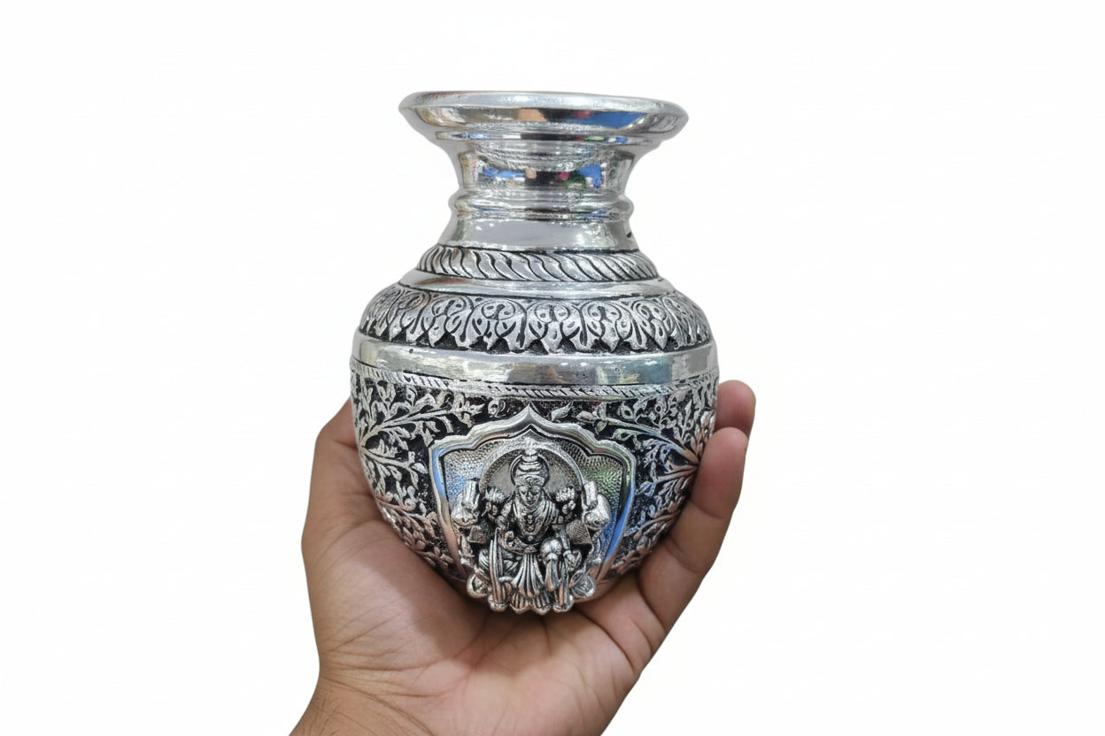 German Silver Antique Finish Lakshmi Kalash – Auspicious Puja & Home Décor Vessel