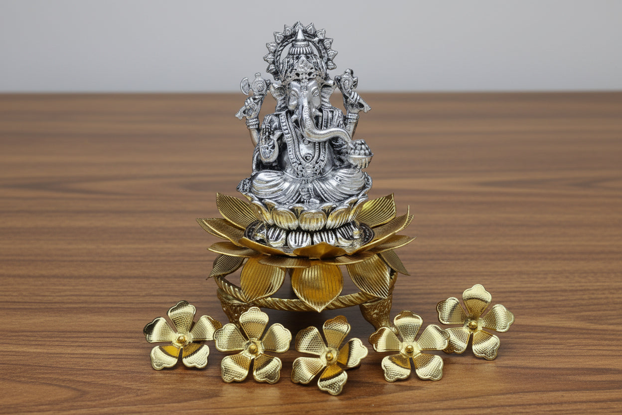 German Silver Pooja Set – Resin Ganesh with German Silver Flower Stand & 5 Flowers