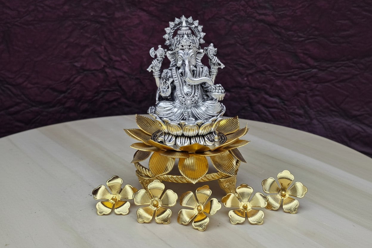 German Silver Pooja Set – Resin Ganesh with German Silver Flower Stand & 5 Flowers