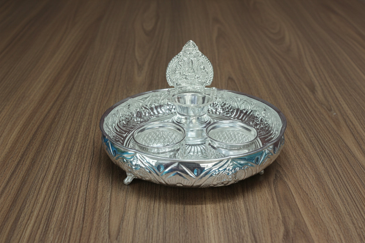 German Silver Tray with Diya and 2 Bowls – Elegant Puja & Home Décor Set